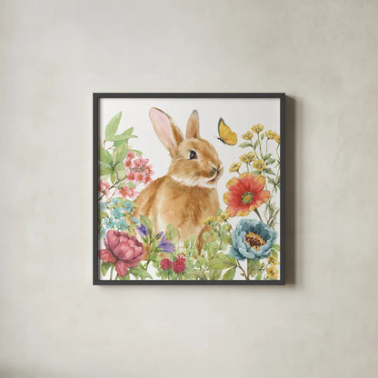 Garden Bunnies V by Leslie Trimbach. Shown in a sleek black glass frame for a contemporary gallery look. Available as an archival giclee rolled canvas, fine art paper, or poster print. SKU 83605a.