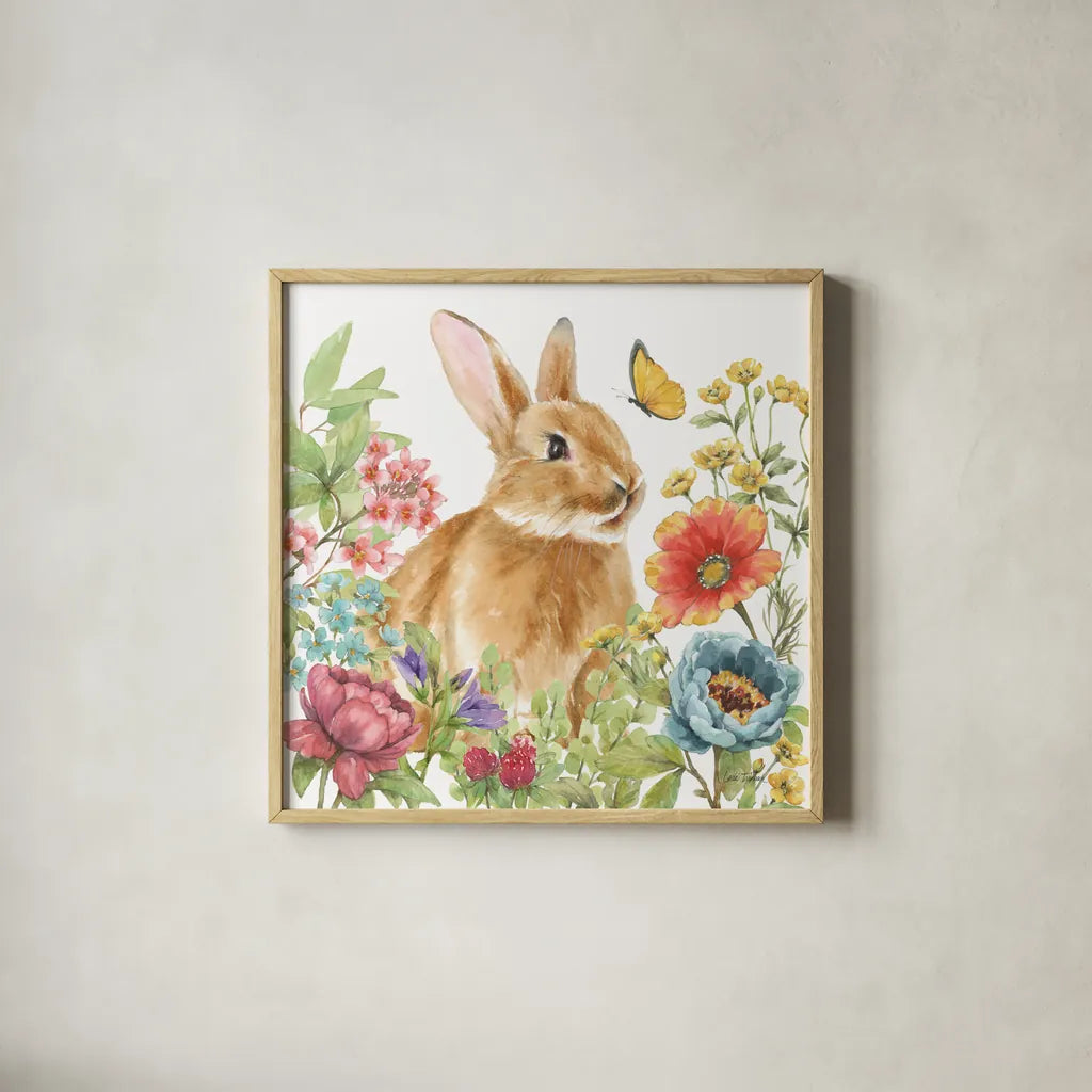 Garden Bunnies V by Leslie Trimbach. Shown in a natural wood glass frame for a timeless modern aesthetic. Available as an archival giclee rolled canvas, fine art paper, or poster print. SKU 83605a.