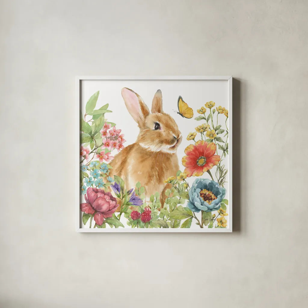 Garden Bunnies V by Leslie Trimbach. Shown in a crisp white glass frame for a clean and minimalist style. Available as an archival giclee rolled canvas, fine art paper, or poster print. SKU 83605a.