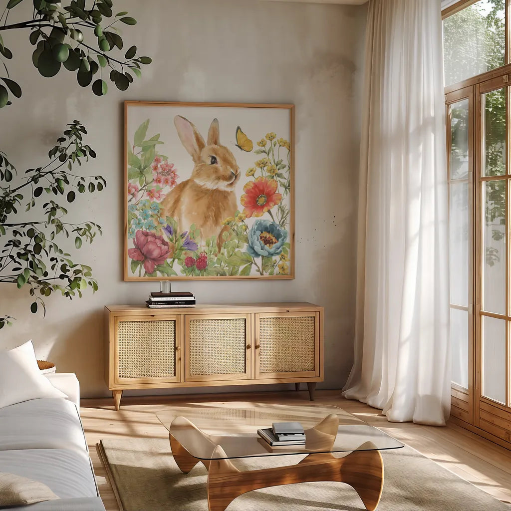 Garden Bunnies V by Leslie Trimbach. Shown in a natural wood frame in a cozy modern living room. Available as an archival giclee rolled canvas, fine art paper, or poster print. SKU 83605a.