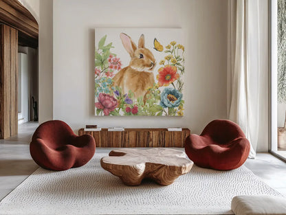 Garden Bunnies V by Leslie Trimbach. Shown as extra-large giant wall art in a modern living room. Available as an archival giclee rolled canvas, fine art paper, or poster print. SKU 83605a.