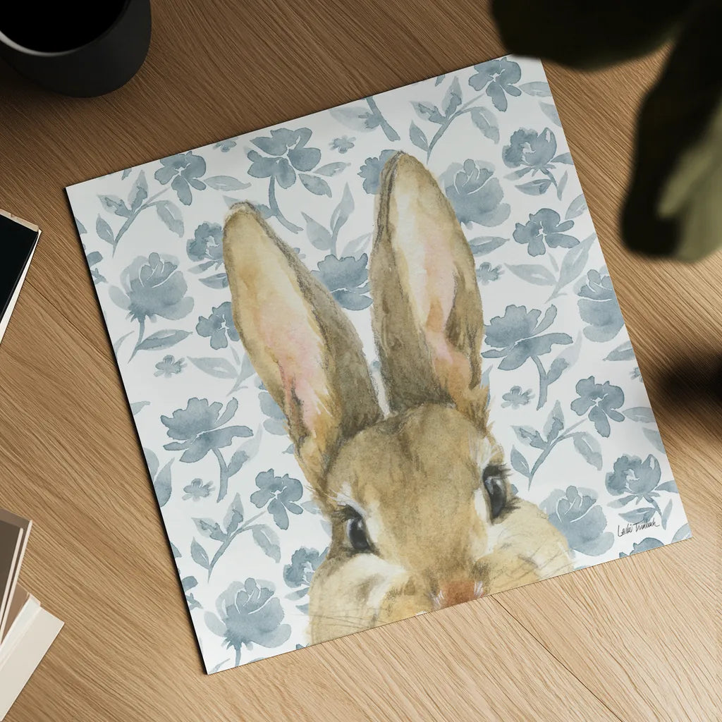 Garden Bunnies VI by Leslie Trimbach. Shown as a detailed flat fine art print, highlighting archival giclee quality. Available as an archival giclee rolled canvas, fine art paper, or poster print. SKU 83606a.