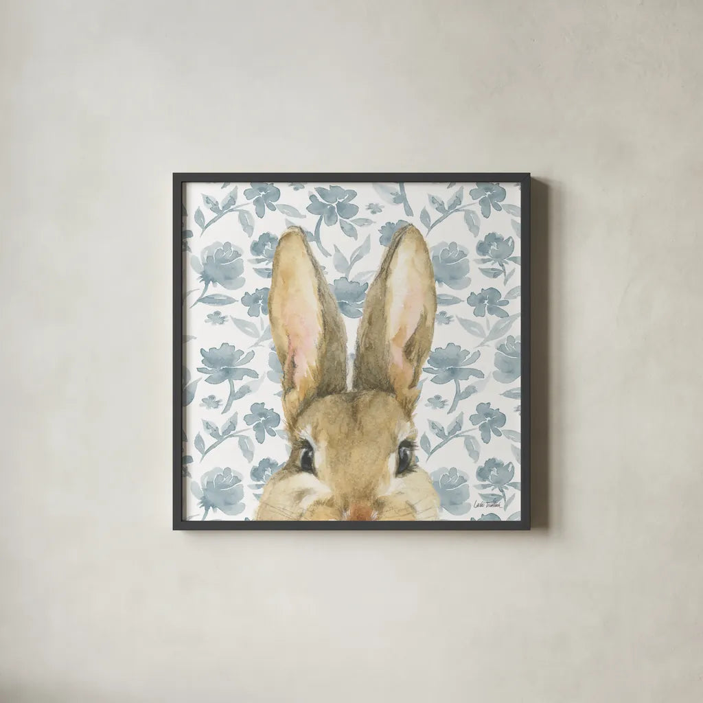 Garden Bunnies VI by Leslie Trimbach. Shown in a sleek black glass frame for a contemporary gallery look. Available as an archival giclee rolled canvas, fine art paper, or poster print. SKU 83606a.