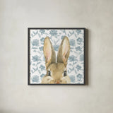 Garden Bunnies VI by Leslie Trimbach. Shown in a sleek black glass frame for a contemporary gallery look. Available as an archival giclee rolled canvas, fine art paper, or poster print. SKU 83606a.