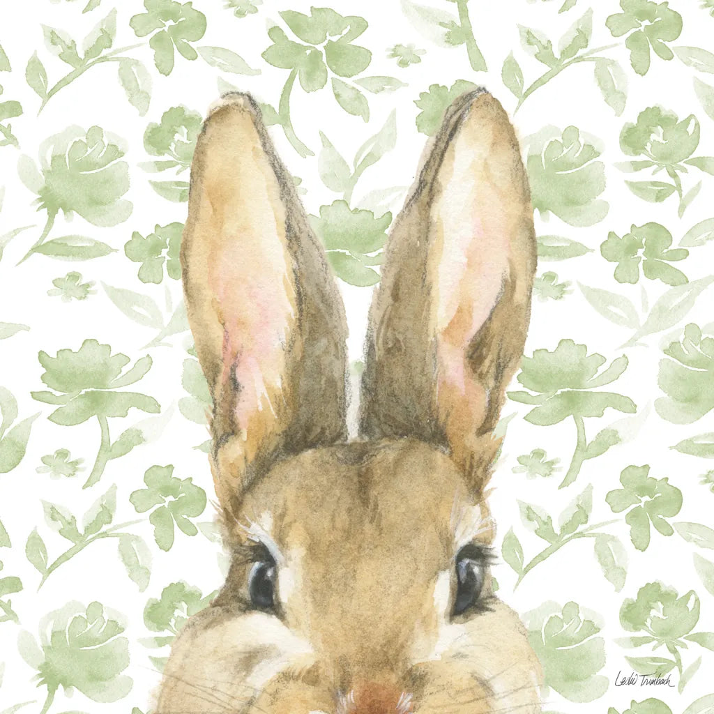 Garden Bunnies VI Green by Leslie Trimbach. SKU 87108a. Archival Giclee Fine art print for wall decor.
