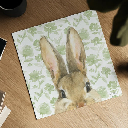 Garden Bunnies VI Green by Leslie Trimbach. Shown as a detailed flat fine art print, highlighting archival giclee quality. Available as an archival giclee rolled canvas, fine art paper, or poster print. SKU 87108a.