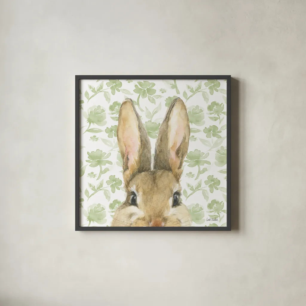 Garden Bunnies VI Green by Leslie Trimbach. Shown in a sleek black glass frame for a contemporary gallery look. Available as an archival giclee rolled canvas, fine art paper, or poster print. SKU 87108a.