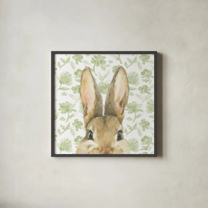 Garden Bunnies VI Green by Leslie Trimbach. Shown in a sleek black glass frame for a contemporary gallery look. Available as an archival giclee rolled canvas, fine art paper, or poster print. SKU 87108a.