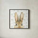 Garden Bunnies VI Sage by Leslie Trimbach. Shown in a sleek black glass frame for a contemporary gallery look. Available as an archival giclee rolled canvas, fine art paper, or poster print. SKU 84098a.