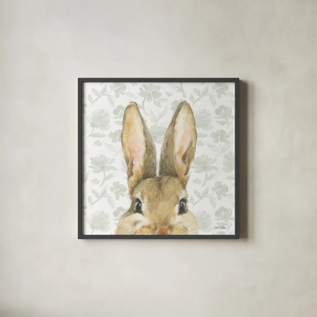Garden Bunnies VI Sage by Leslie Trimbach. Shown in a sleek black glass frame for a contemporary gallery look. Available as an archival giclee rolled canvas, fine art paper, or poster print. SKU 84098a.