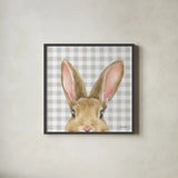 Garden Bunnies VII by Leslie Trimbach. Shown in a sleek black glass frame for a contemporary gallery look. Available as an archival giclee rolled canvas, fine art paper, or poster print. SKU 83607a.