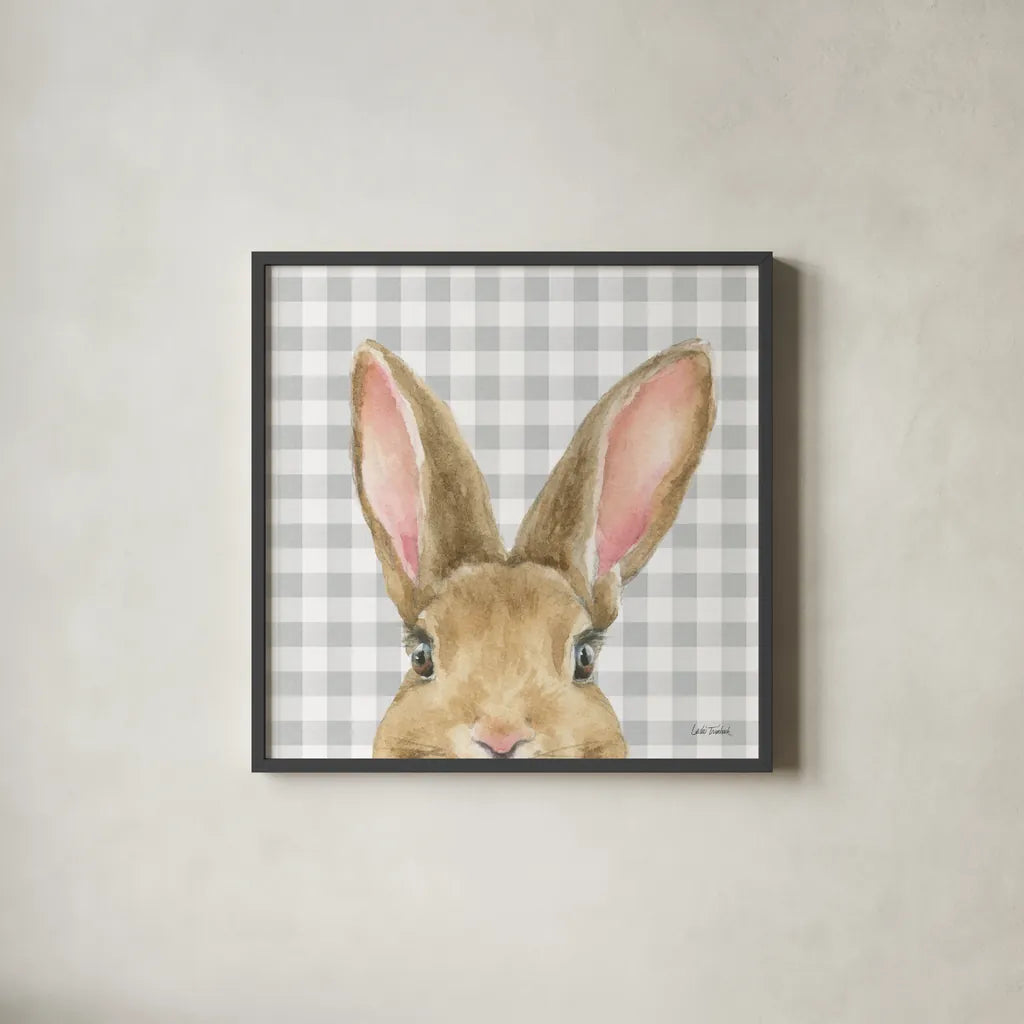 Garden Bunnies VII by Leslie Trimbach. Shown in a sleek black glass frame for a contemporary gallery look. Available as an archival giclee rolled canvas, fine art paper, or poster print. SKU 83607a.