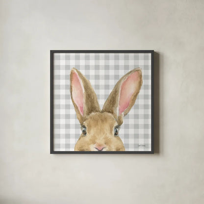 Garden Bunnies VII by Leslie Trimbach. Shown in a sleek black glass frame for a contemporary gallery look. Available as an archival giclee rolled canvas, fine art paper, or poster print. SKU 83607a.