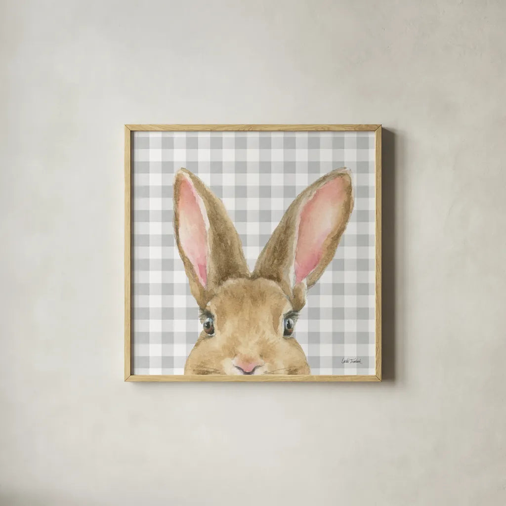 Garden Bunnies VII by Leslie Trimbach. Shown in a natural wood glass frame for a timeless modern aesthetic. Available as an archival giclee rolled canvas, fine art paper, or poster print. SKU 83607a.