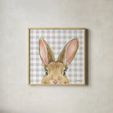 Garden Bunnies VII by Leslie Trimbach. Shown in a natural wood glass frame for a timeless modern aesthetic. Available as an archival giclee rolled canvas, fine art paper, or poster print. SKU 83607a.