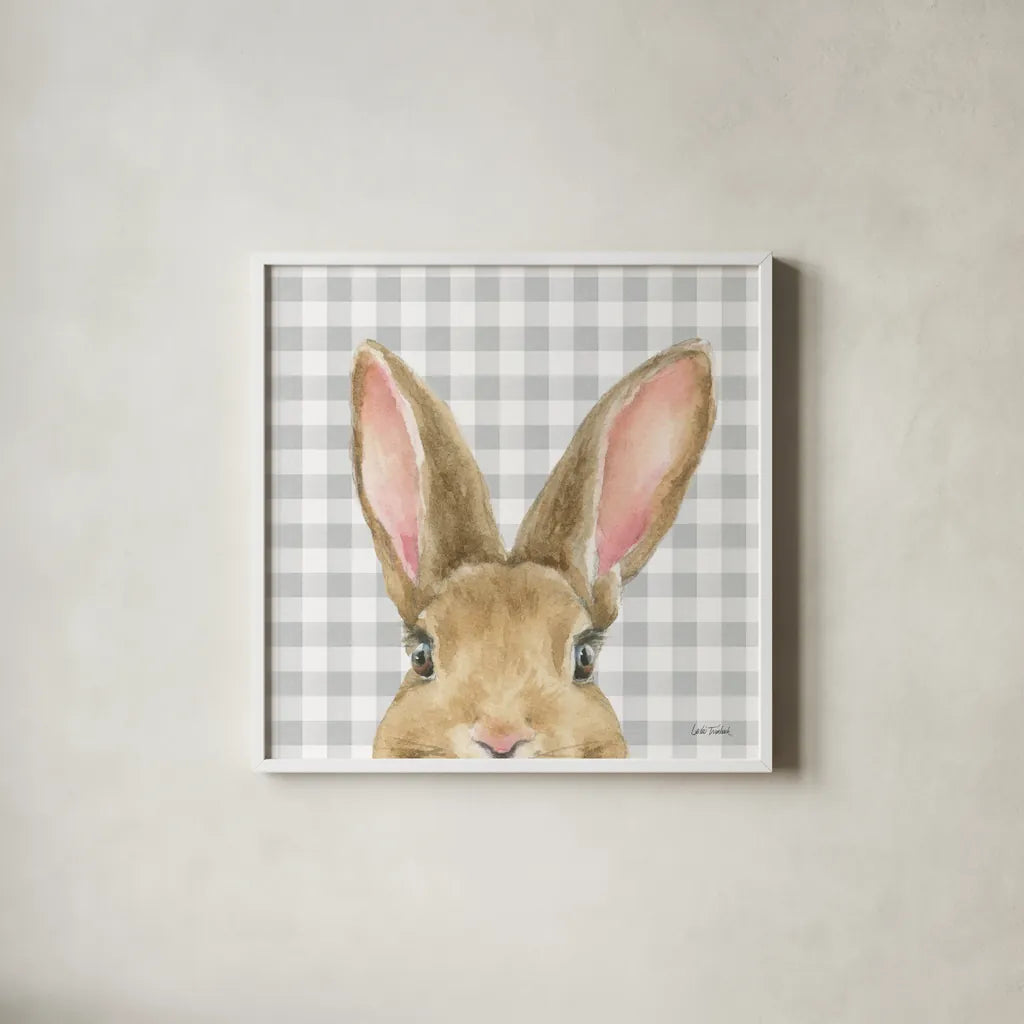 Garden Bunnies VII by Leslie Trimbach. Shown in a crisp white glass frame for a clean and minimalist style. Available as an archival giclee rolled canvas, fine art paper, or poster print. SKU 83607a.