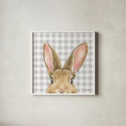 Garden Bunnies VII by Leslie Trimbach. Shown in a crisp white glass frame for a clean and minimalist style. Available as an archival giclee rolled canvas, fine art paper, or poster print. SKU 83607a.