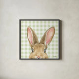 Garden Bunnies VII Green by Leslie Trimbach. Shown in a sleek black glass frame for a contemporary gallery look. Available as an archival giclee rolled canvas, fine art paper, or poster print. SKU 87109a.
