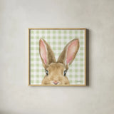 Garden Bunnies VII Green by Leslie Trimbach. Shown in a natural wood glass frame for a timeless modern aesthetic. Available as an archival giclee rolled canvas, fine art paper, or poster print. SKU 87109a.
