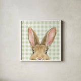 Garden Bunnies VII Green by Leslie Trimbach. Shown in a crisp white glass frame for a clean and minimalist style. Available as an archival giclee rolled canvas, fine art paper, or poster print. SKU 87109a.