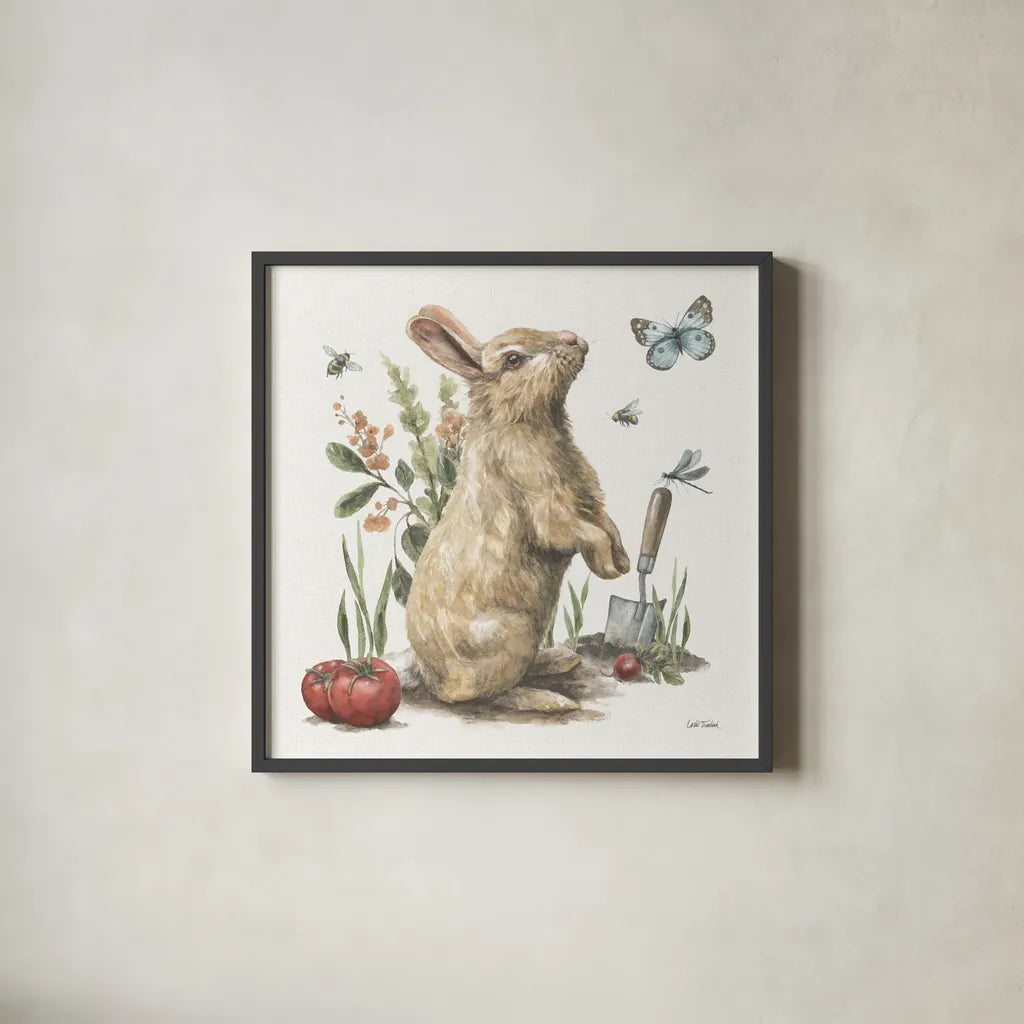 Garden Patch I by Leslie Trimbach. Shown in a sleek black glass frame for a contemporary gallery look. Available as an archival giclee rolled canvas, fine art paper, or poster print. SKU 90660a.