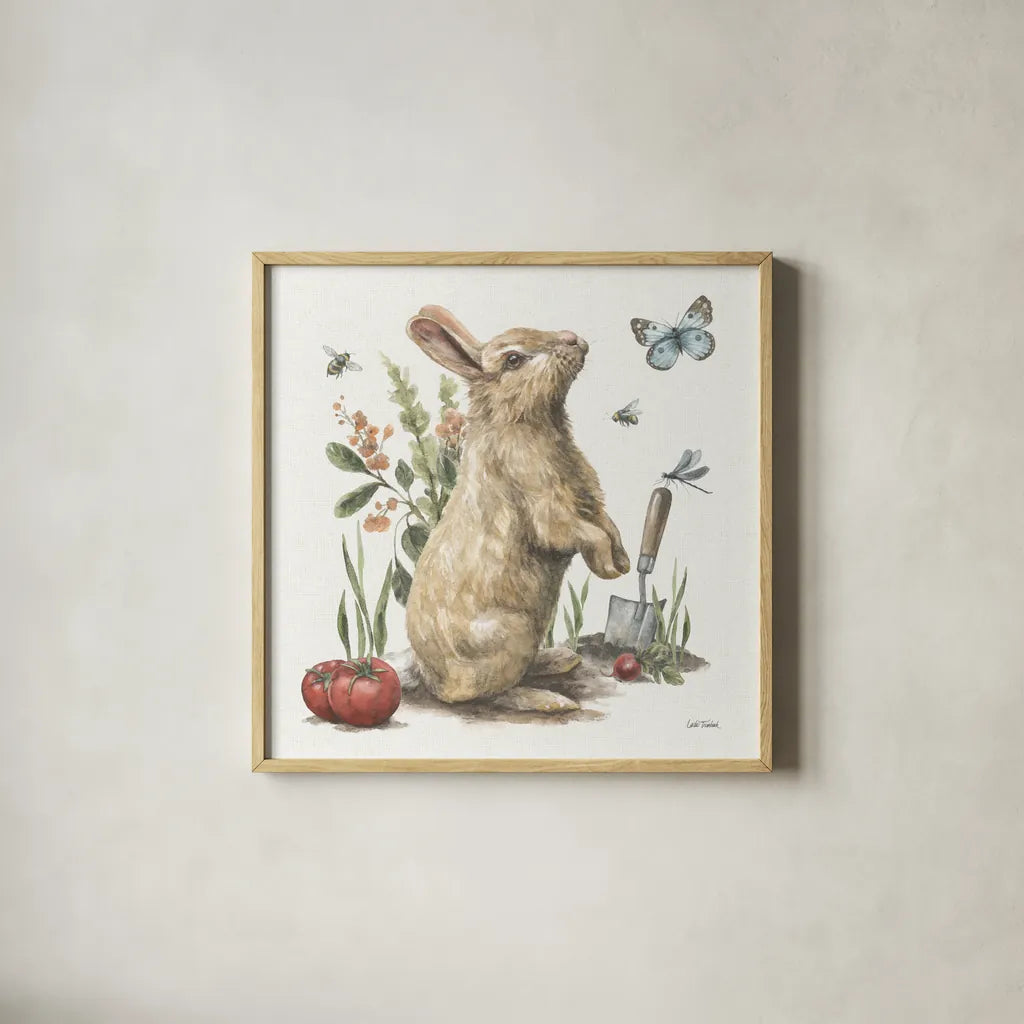 Garden Patch I by Leslie Trimbach. Shown in a natural wood glass frame for a timeless modern aesthetic. Available as an archival giclee rolled canvas, fine art paper, or poster print. SKU 90660a.