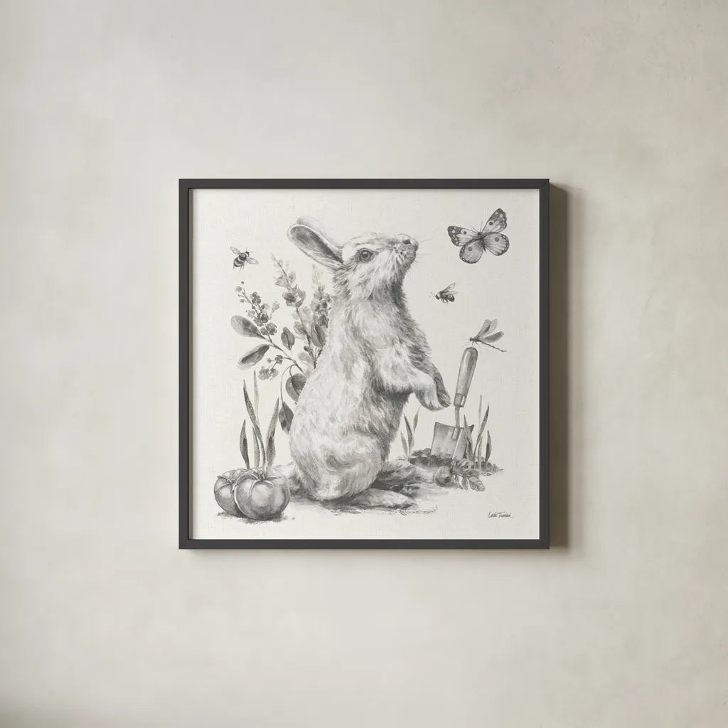 Garden Patch I Sketch by Leslie Trimbach. Shown in a sleek black glass frame for a contemporary gallery look. Available as an archival giclee rolled canvas, fine art paper, or poster print. SKU 90670a.