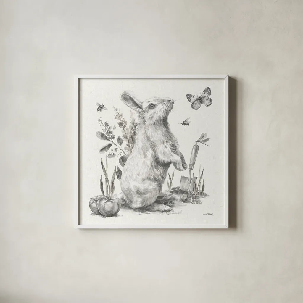 Garden Patch I Sketch by Leslie Trimbach. Shown in a crisp white glass frame for a clean and minimalist style. Available as an archival giclee rolled canvas, fine art paper, or poster print. SKU 90670a.