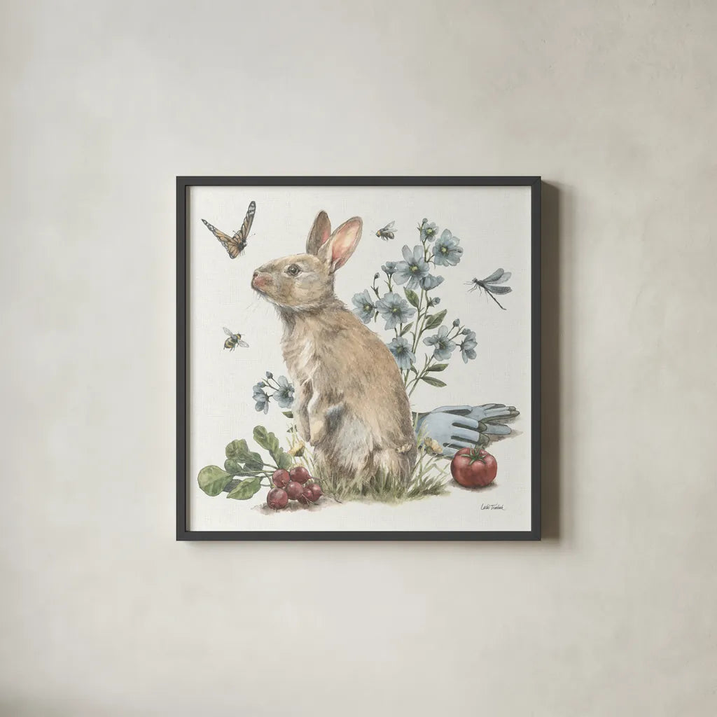 Garden Patch II by Leslie Trimbach. Shown in a sleek black glass frame for a contemporary gallery look. Available as an archival giclee rolled canvas, fine art paper, or poster print. SKU 90661a.