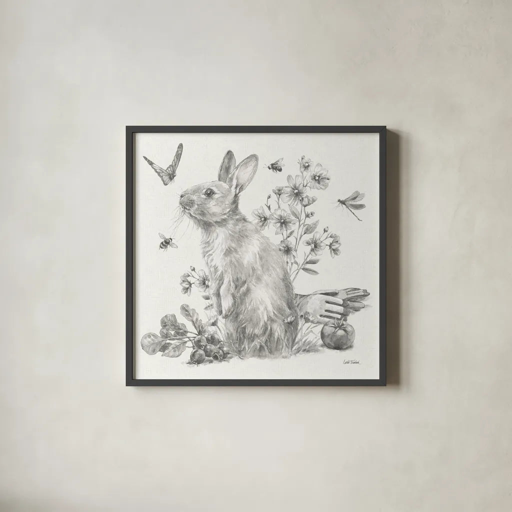 Garden Patch II Sketch by Leslie Trimbach. Shown in a sleek black glass frame for a contemporary gallery look. Available as an archival giclee rolled canvas, fine art paper, or poster print. SKU 90671a.