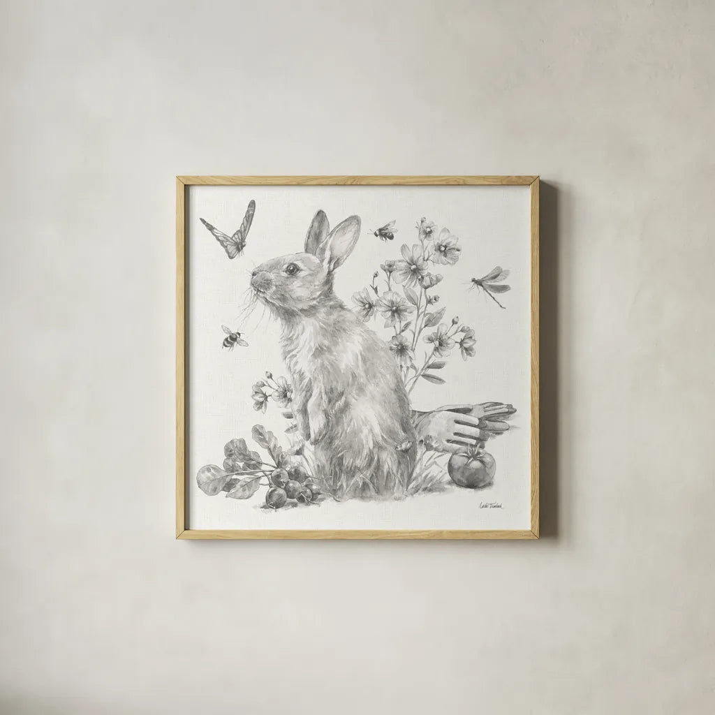 Garden Patch II Sketch by Leslie Trimbach. Shown in a natural wood glass frame for a timeless modern aesthetic. Available as an archival giclee rolled canvas, fine art paper, or poster print. SKU 90671a.