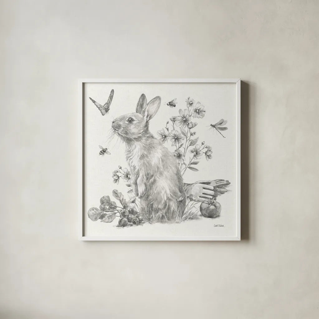 Garden Patch II Sketch by Leslie Trimbach. Shown in a crisp white glass frame for a clean and minimalist style. Available as an archival giclee rolled canvas, fine art paper, or poster print. SKU 90671a.