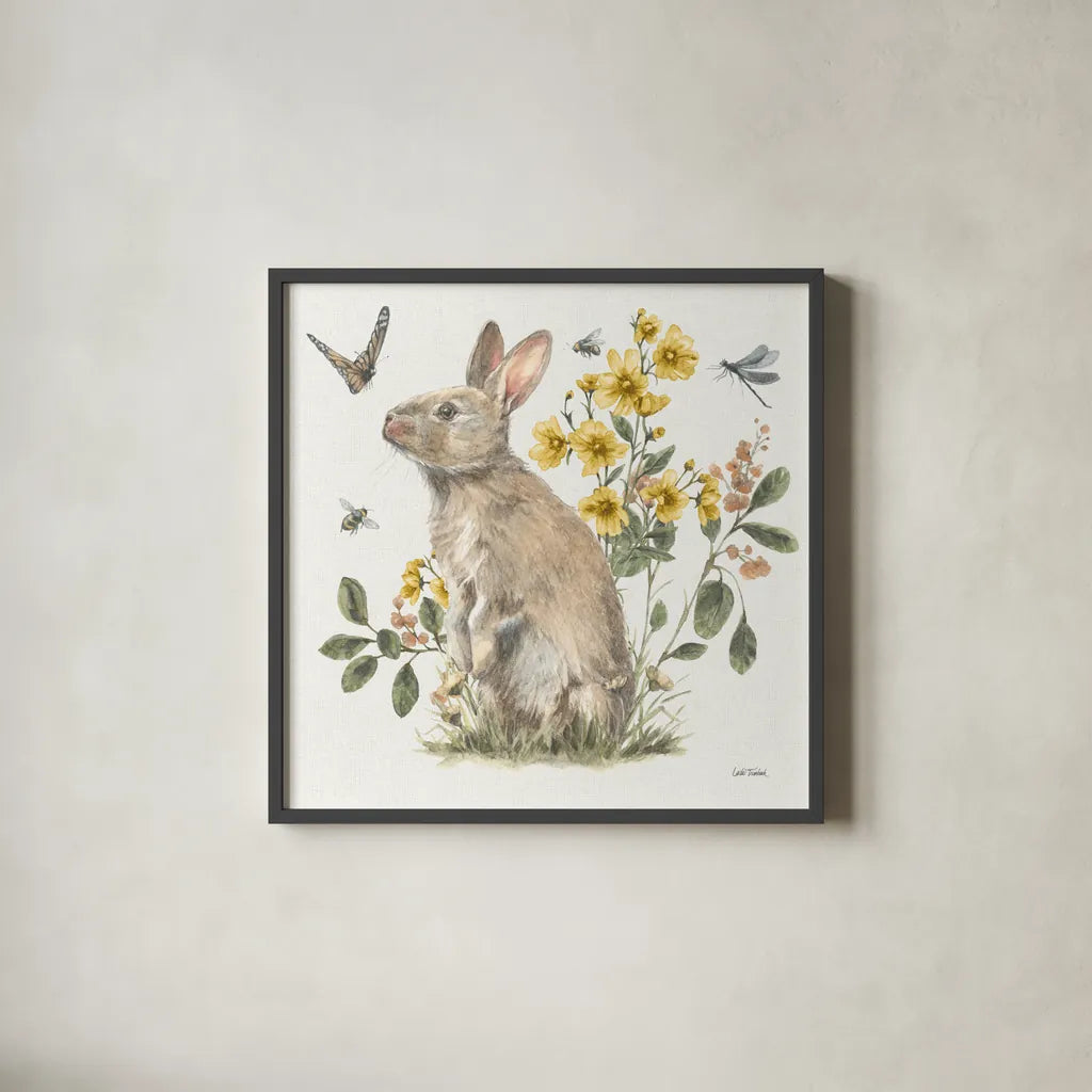 Garden Patch II Yellow by Leslie Trimbach. Shown in a sleek black glass frame for a contemporary gallery look. Available as an archival giclee rolled canvas, fine art paper, or poster print. SKU 90739a.