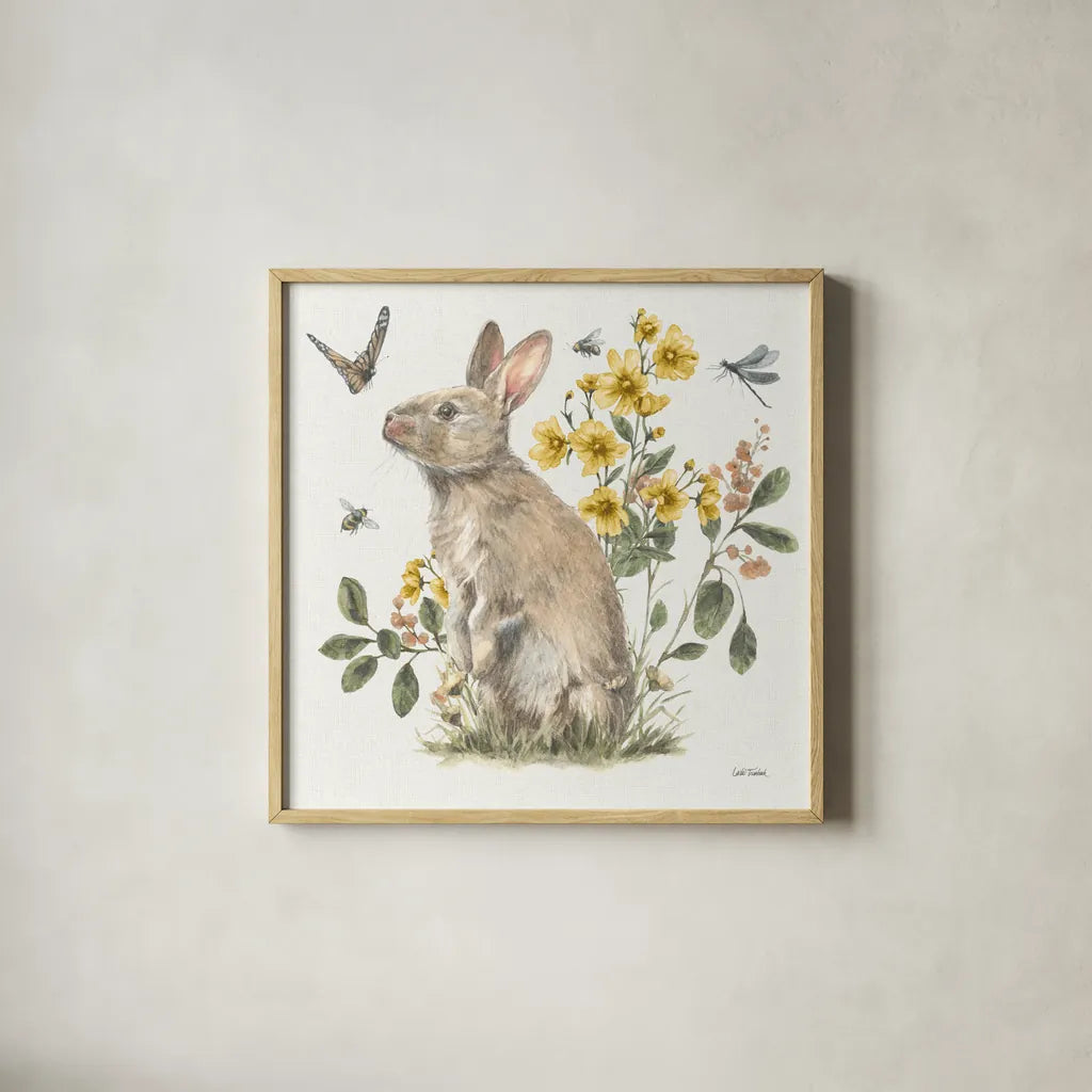 Garden Patch II Yellow by Leslie Trimbach. Shown in a natural wood glass frame for a timeless modern aesthetic. Available as an archival giclee rolled canvas, fine art paper, or poster print. SKU 90739a.