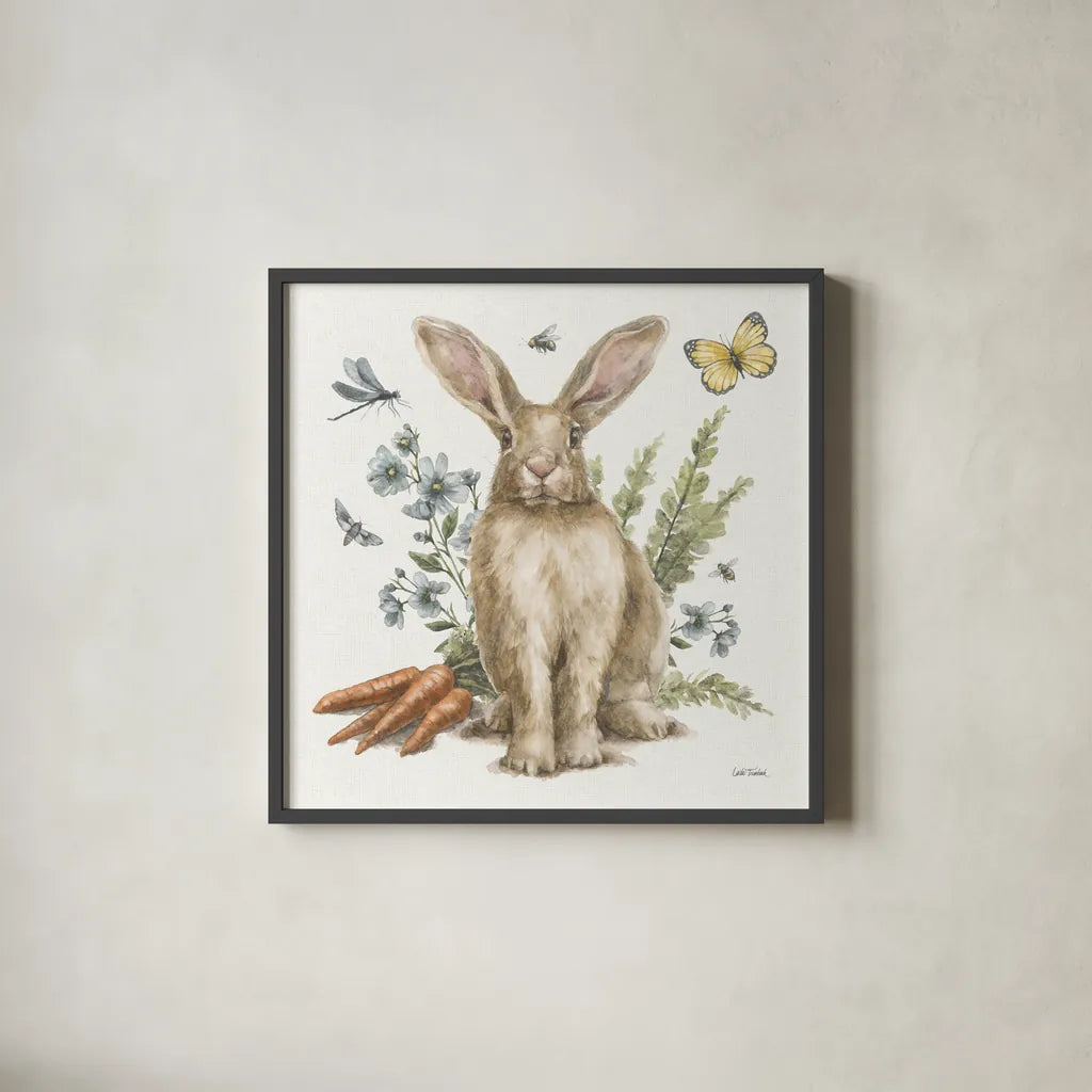 Garden Patch III by Leslie Trimbach. Shown in a sleek black glass frame for a contemporary gallery look. Available as an archival giclee rolled canvas, fine art paper, or poster print. SKU 90662a.