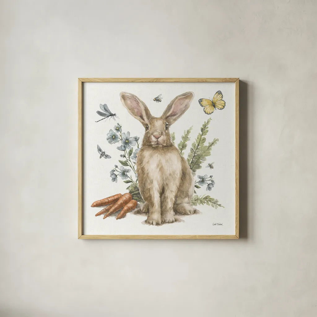 Garden Patch III by Leslie Trimbach. Shown in a natural wood glass frame for a timeless modern aesthetic. Available as an archival giclee rolled canvas, fine art paper, or poster print. SKU 90662a.