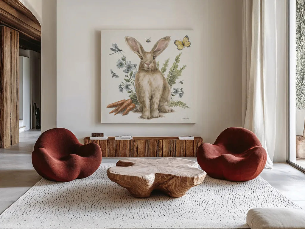 Garden Patch III by Leslie Trimbach. Shown as extra-large giant wall art in a modern living room. Available as an archival giclee rolled canvas, fine art paper, or poster print. SKU 90662a.