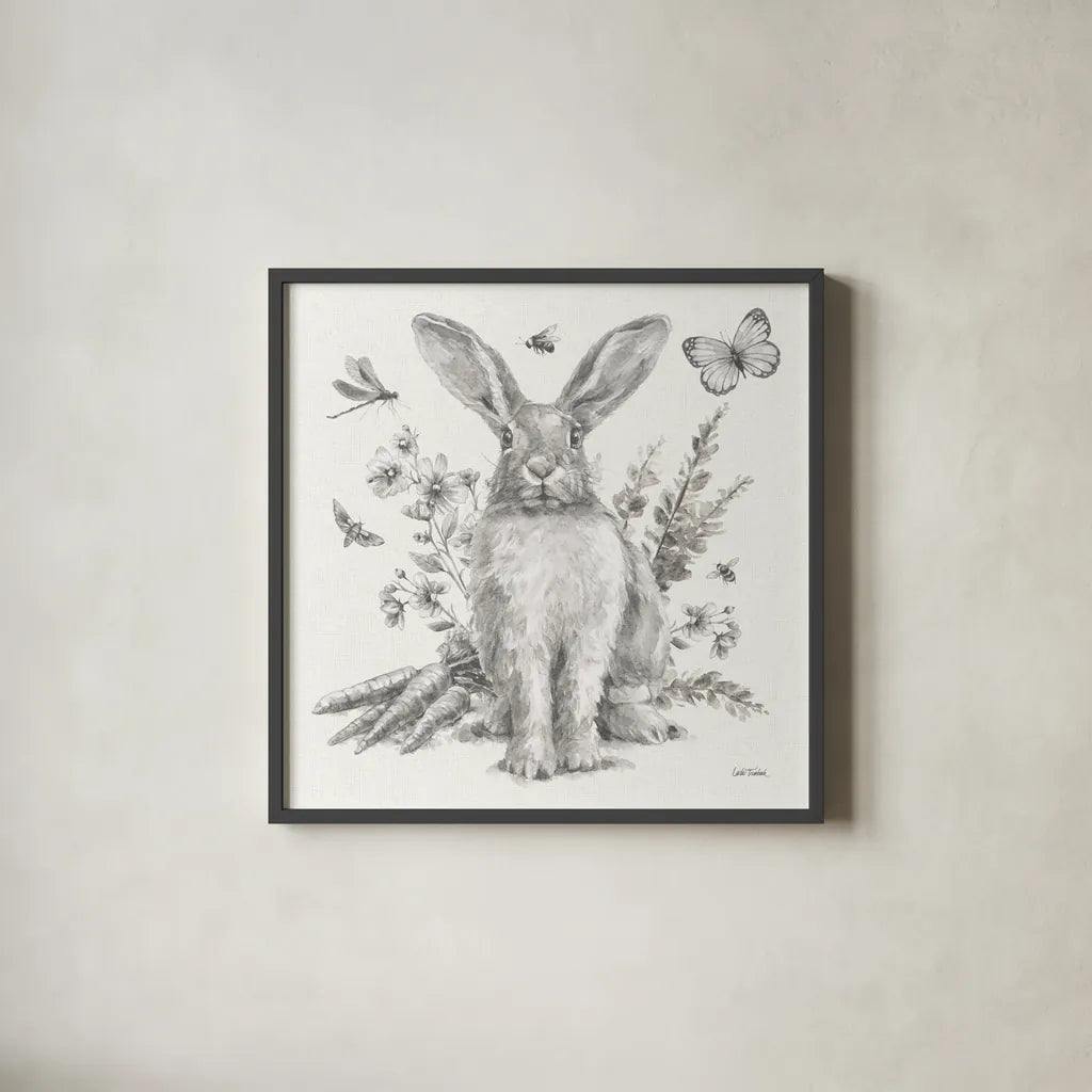 Garden Patch III Sketch by Leslie Trimbach. Shown in a sleek black glass frame for a contemporary gallery look. Available as an archival giclee rolled canvas, fine art paper, or poster print. SKU 90672a.