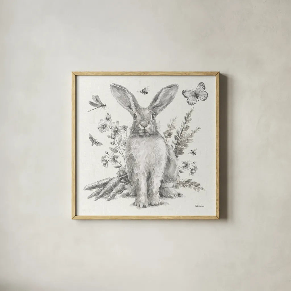 Garden Patch III Sketch by Leslie Trimbach. Shown in a natural wood glass frame for a timeless modern aesthetic. Available as an archival giclee rolled canvas, fine art paper, or poster print. SKU 90672a.