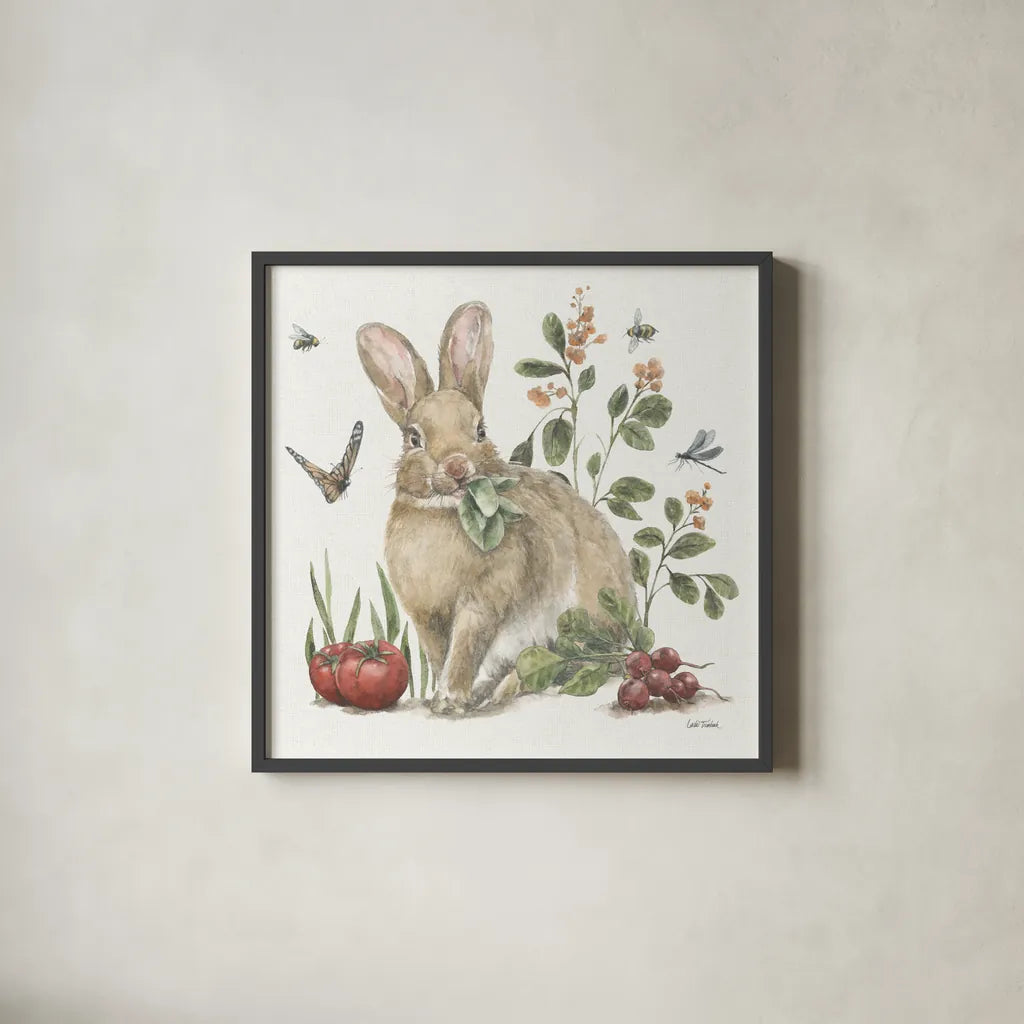 Garden Patch IV by Leslie Trimbach. Shown in a sleek black glass frame for a contemporary gallery look. Available as an archival giclee rolled canvas, fine art paper, or poster print. SKU 90663a.