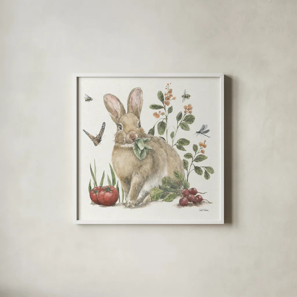 Garden Patch IV by Leslie Trimbach. Shown in a crisp white glass frame for a clean and minimalist style. Available as an archival giclee rolled canvas, fine art paper, or poster print. SKU 90663a.
