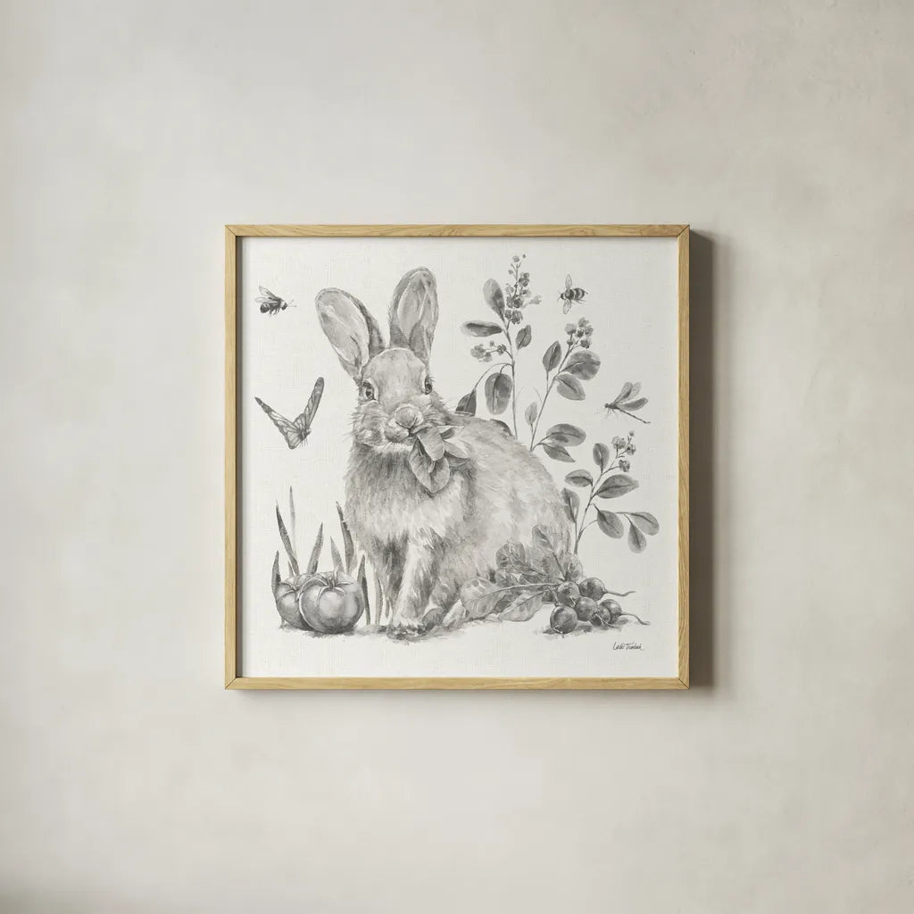 Garden Patch IV Sketch by Leslie Trimbach. Shown in a natural wood glass frame for a timeless modern aesthetic. Available as an archival giclee rolled canvas, fine art paper, or poster print. SKU 90673a.