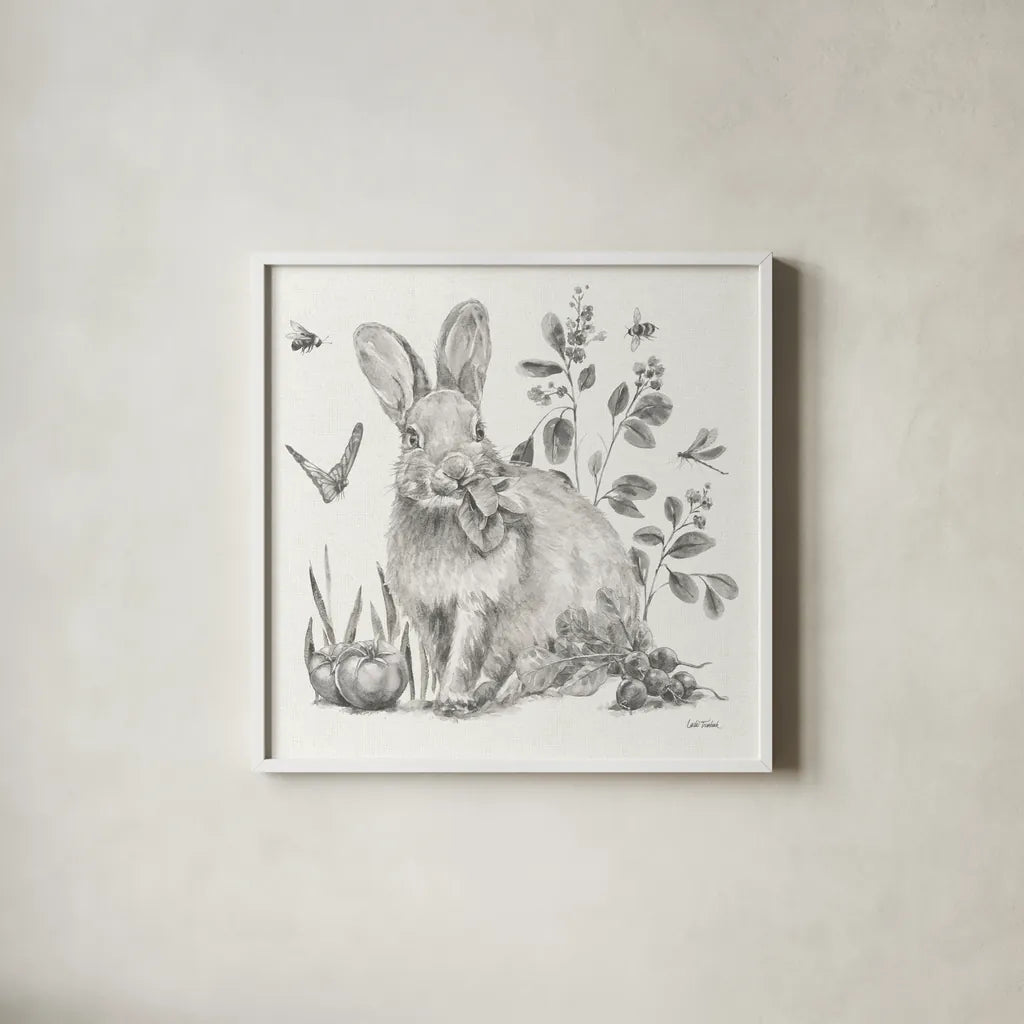 Garden Patch IV Sketch by Leslie Trimbach. Shown in a crisp white glass frame for a clean and minimalist style. Available as an archival giclee rolled canvas, fine art paper, or poster print. SKU 90673a.