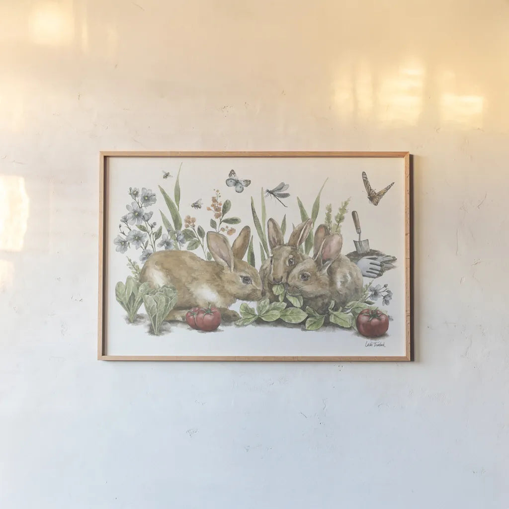 Garden Patch IX by Leslie Trimbach. shown as a paper print in a natural frame. Available as a archival giclee rolled canvas, fine art paper, or poster print. SKU 90668i.