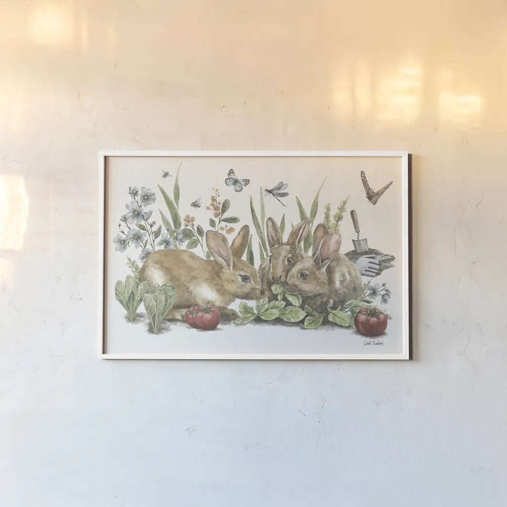 Garden Patch IX by Leslie Trimbach. shown as a paper print in a white frame. Available as a archival giclee rolled canvas, fine art paper, or poster print. SKU 90668i.