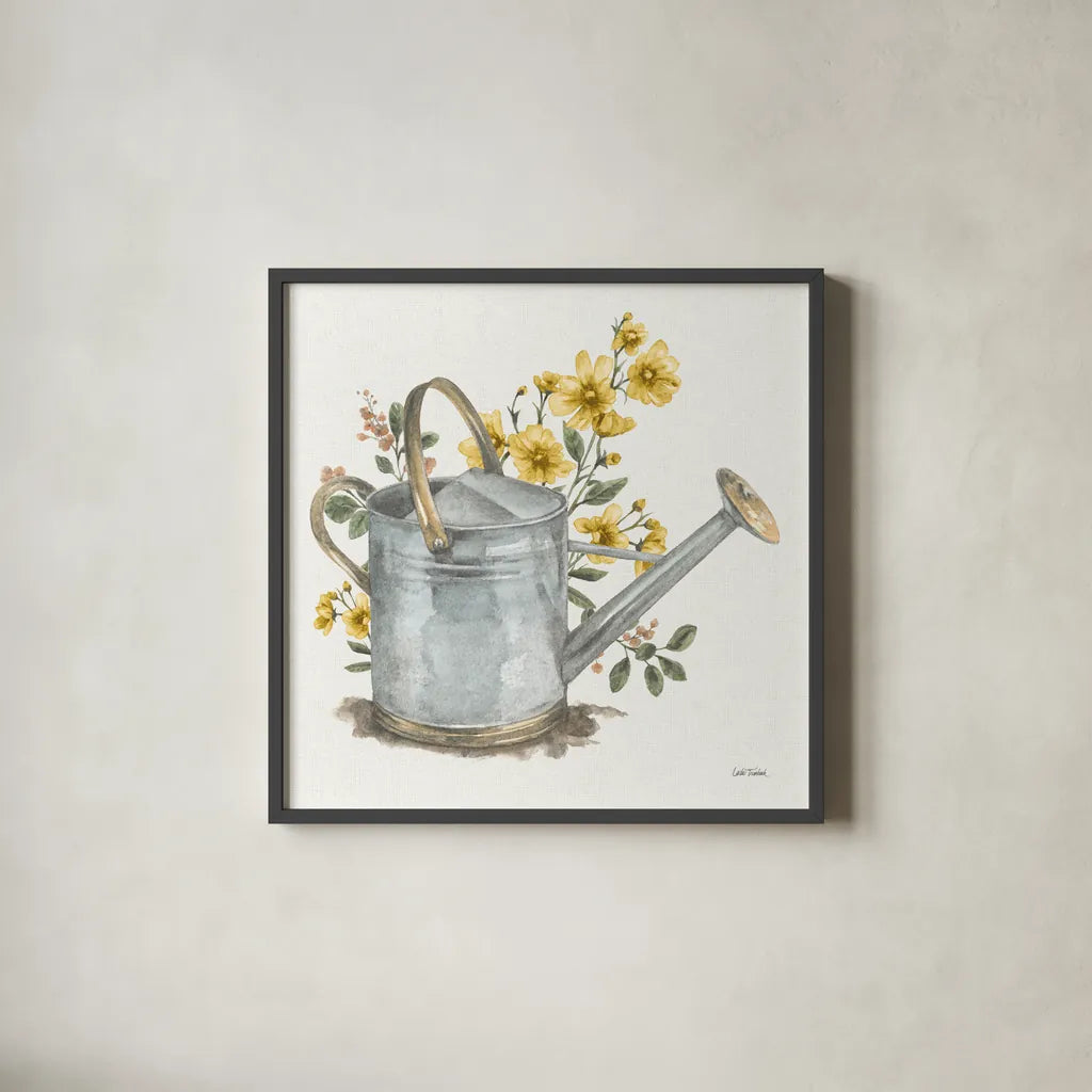 Garden Patch VII Yellow by Leslie Trimbach. Shown in a sleek black glass frame for a contemporary gallery look. Available as an archival giclee rolled canvas, fine art paper, or poster print. SKU 90740a.