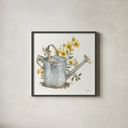 Garden Patch VII Yellow by Leslie Trimbach. Shown in a sleek black glass frame for a contemporary gallery look. Available as an archival giclee rolled canvas, fine art paper, or poster print. SKU 90740a.