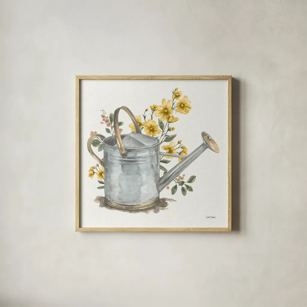 Garden Patch VII Yellow by Leslie Trimbach. Shown in a natural wood glass frame for a timeless modern aesthetic. Available as an archival giclee rolled canvas, fine art paper, or poster print. SKU 90740a.
