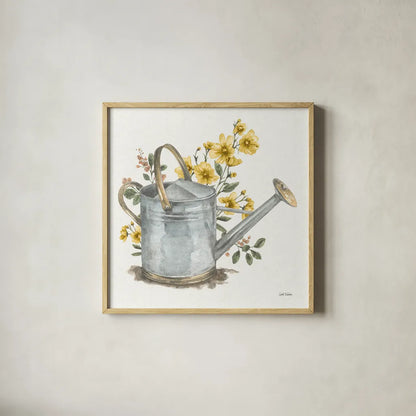 Garden Patch VII Yellow by Leslie Trimbach. Shown in a natural wood glass frame for a timeless modern aesthetic. Available as an archival giclee rolled canvas, fine art paper, or poster print. SKU 90740a.