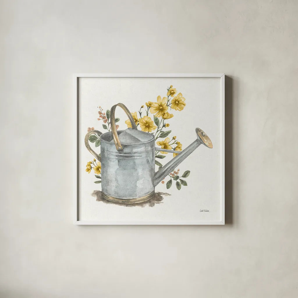 Garden Patch VII Yellow by Leslie Trimbach. Shown in a crisp white glass frame for a clean and minimalist style. Available as an archival giclee rolled canvas, fine art paper, or poster print. SKU 90740a.